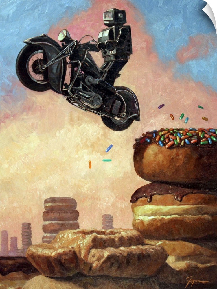 A contemporary painting of a black retro toy robot riding a black motorcycle and jumping it off of a tower of sprinkle cov...