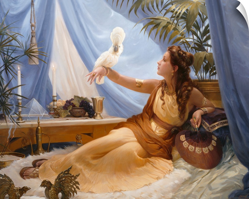 woman lying on divan in tent with cockatoo on her arm
