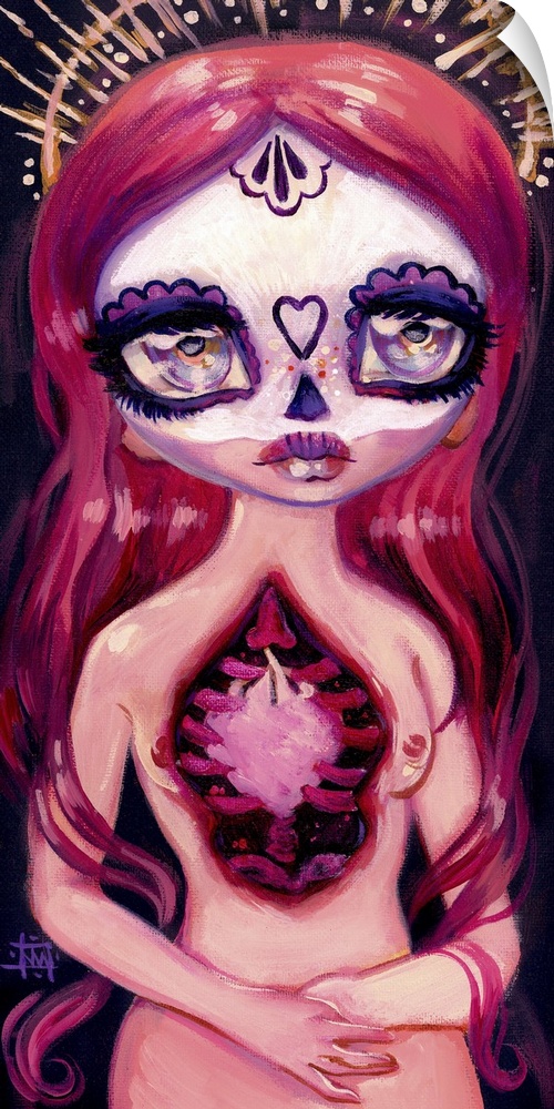 Fantasy painting of a woman with heart visible, sugar skull makeup, and a halo.