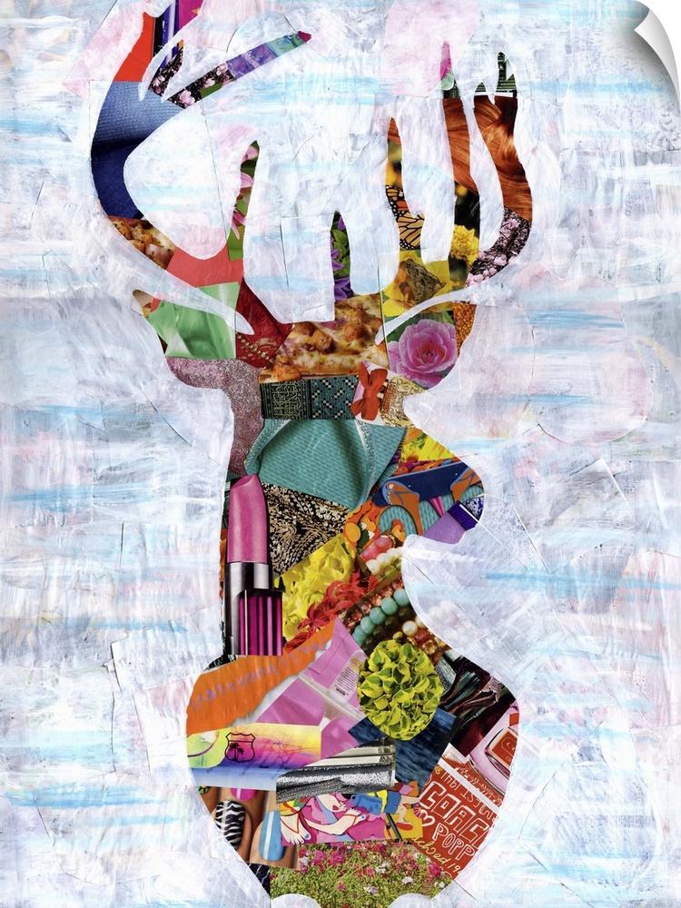 Multimedia collage of magazine clippings and paint of the head and antlers of a buck.