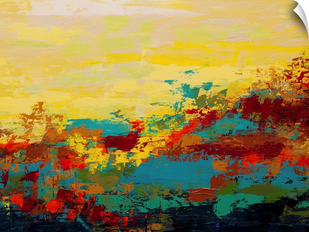 Contemporary abstract painting in blues and yellows, resembling an arid landscape.