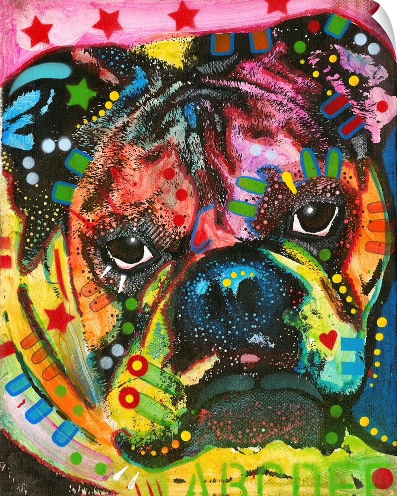 Contemporary painting of a colorful bulldog with graffiti-like markings.