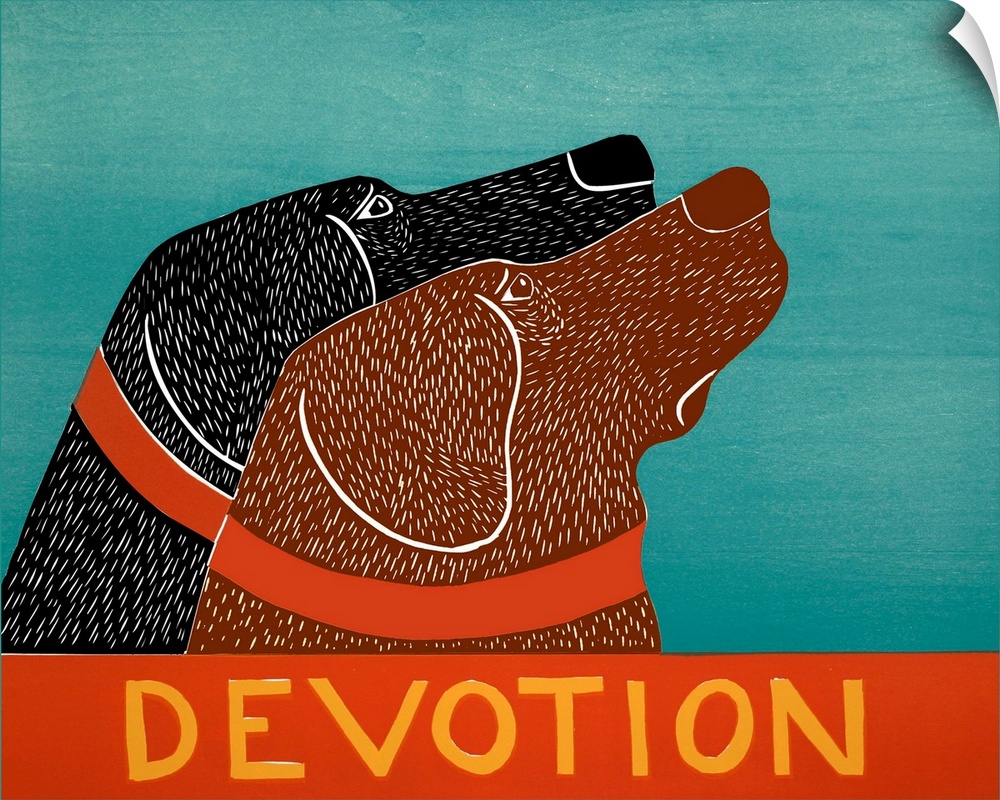 Illustration of a chocolate and black lab starring at the same thing with the word "Devotion" written at the bottom.