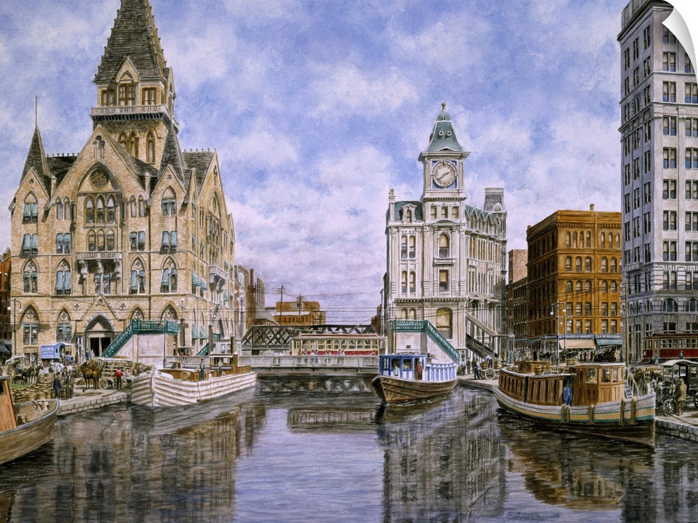 Contemporary painting of a river cutting through a city.