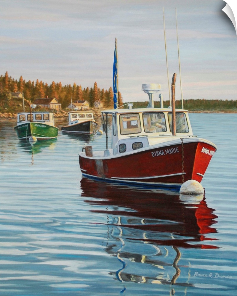 Contemporary artwork of a red boat in a harbor