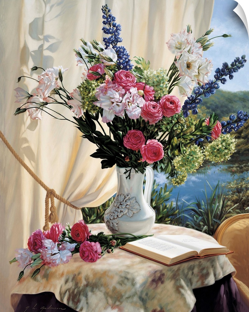 Pink roses or peonies in a bouquet with other flowers in a vase on a table by a window with a book open overlooking water.