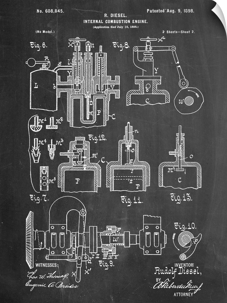 Black and white diagram showing the parts of a diesel motor.