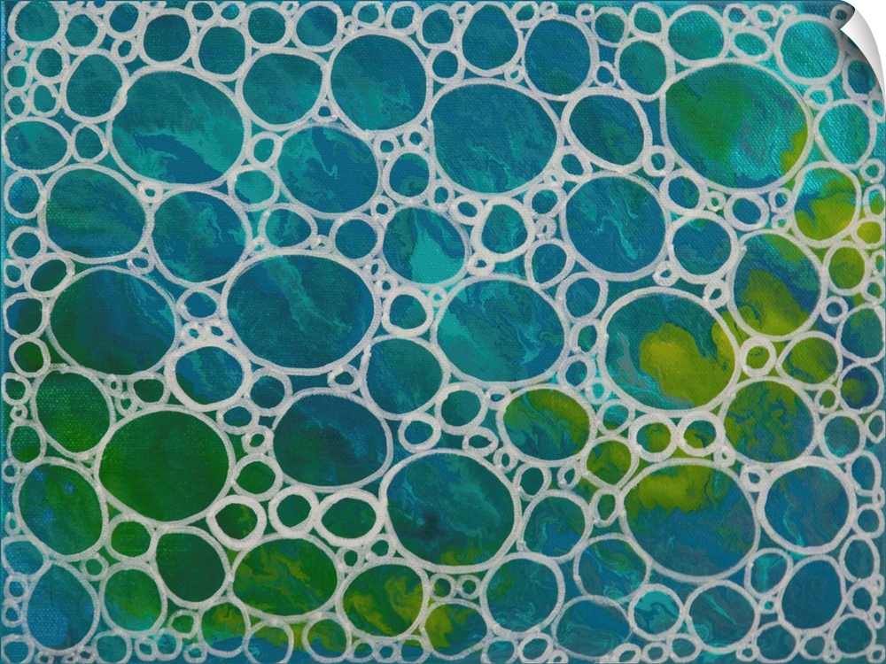 Contemporary abstract artwork of a close-up view of concentrated air bubbles illuminated by saturated green and blues.