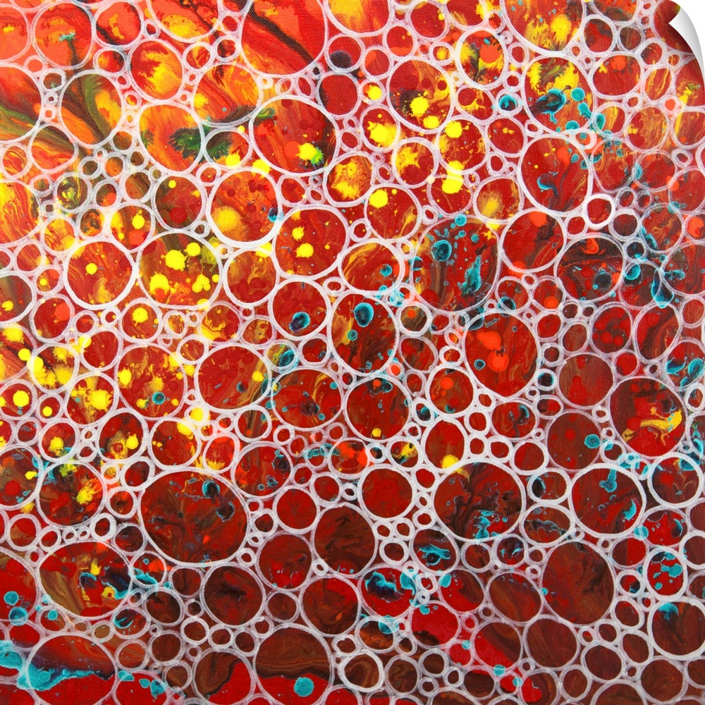 A contemporary abstract painting of a saturated clustering of what resembles air bubbles with vibrant colors beneath.