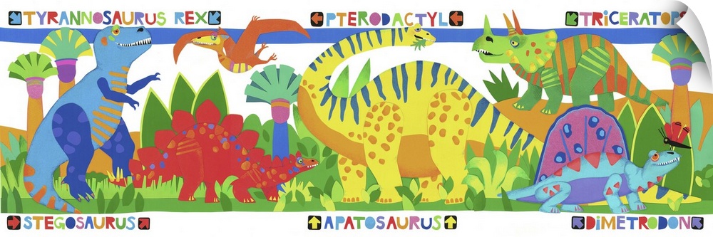 Colorful illustration of several species of dinosaurs.