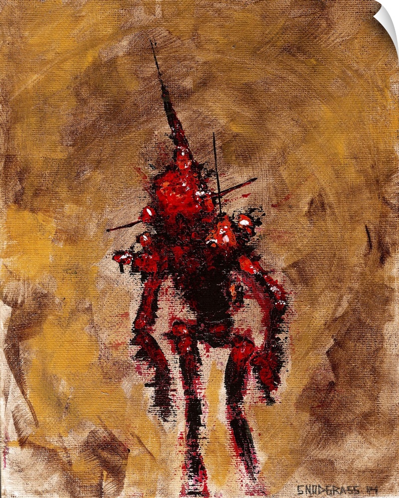 Illustration of a worn down red robot on brown.