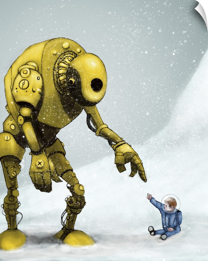 Illustration of a large yellow robot reaching for an explorer in a blue suit.