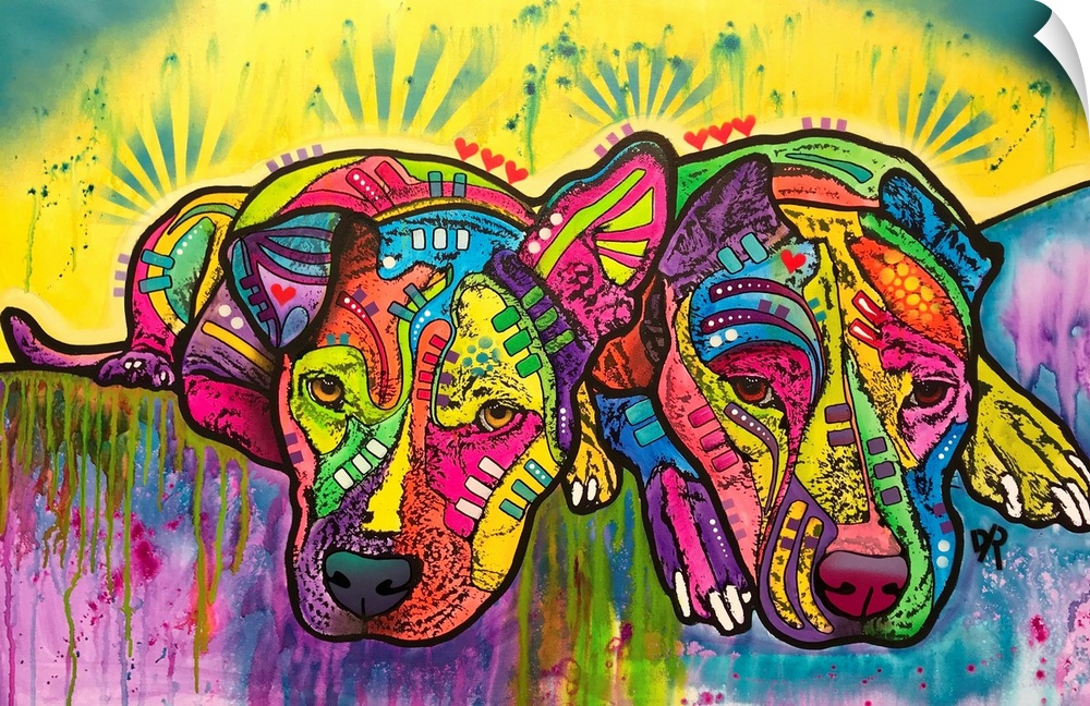 Contemporary stencil painting of two pit bulls filled with various colors and patterns.