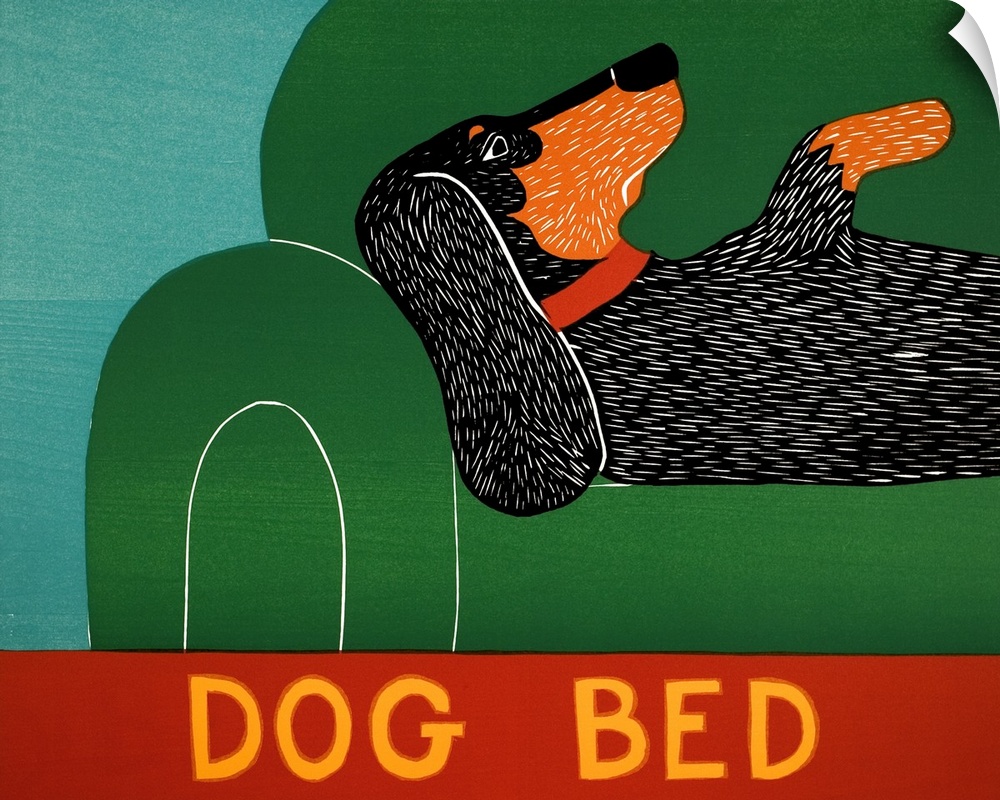 Illustration of a Dachshund laying on a green couch with "Dog Bed" written at the bottom.