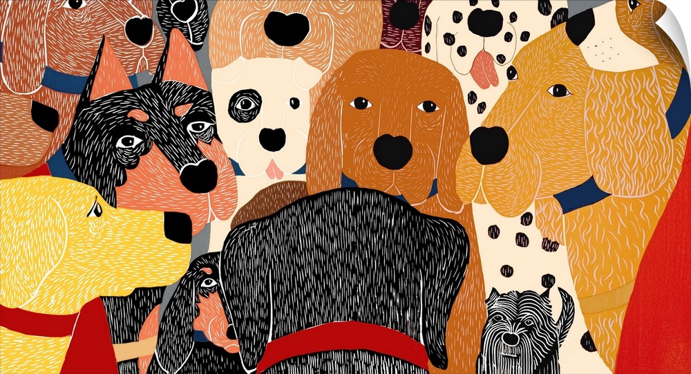 Illustration of a pack of dogs gathering together.