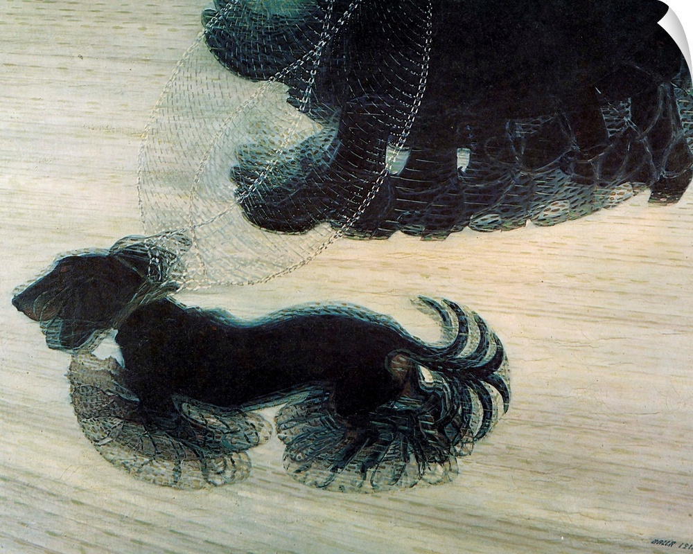 A close-up section of a classic painting of a woman walking her dog.