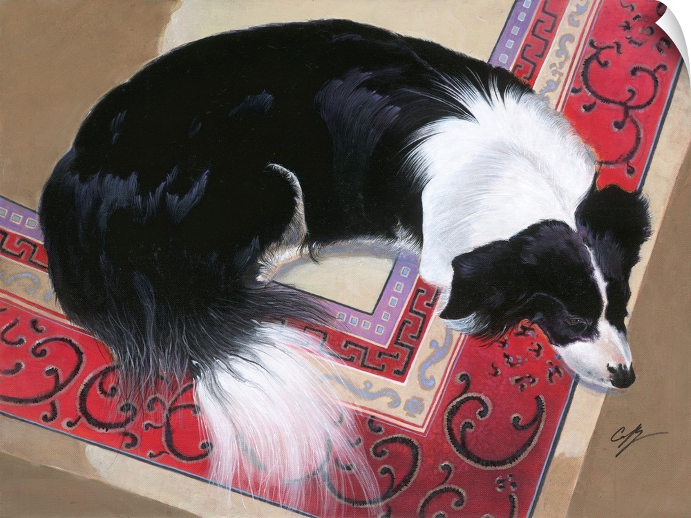 Contemporary painting of a black and white dog laying on a red oriental rug.