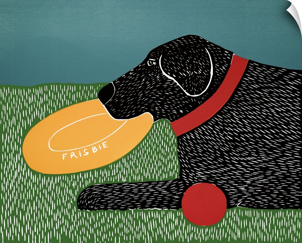 Illustration of a black lab holding a yellow frisbee in its mouth while laying next to a red ball.