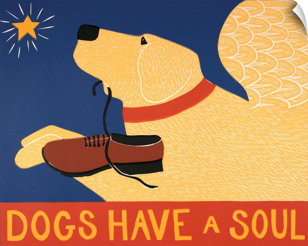 Illustration of a yellow lab with angel wings flying towards a star and carrying a loafer in its mouth with the phrase "Do...