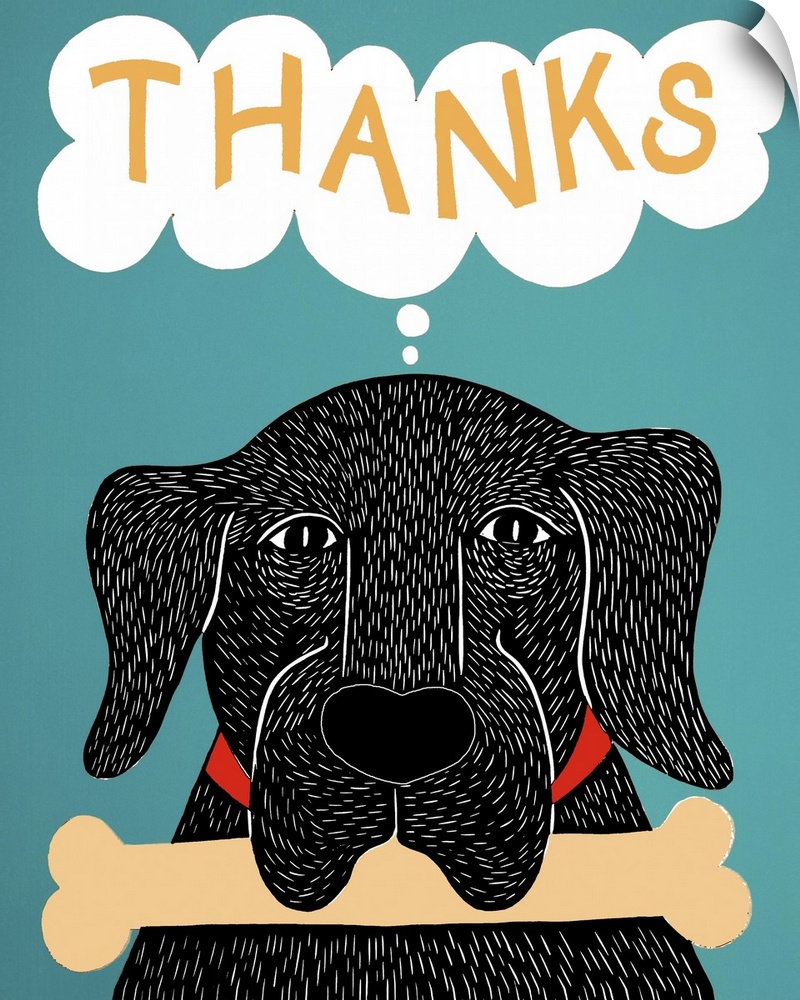 Illustration of a black lab with a bone in its mouth and a though bubble above its head that reads "Thanks"