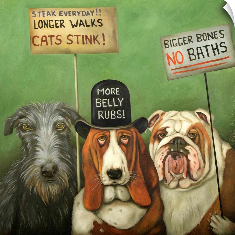 Surrealist painting of a group of dogs protesting.