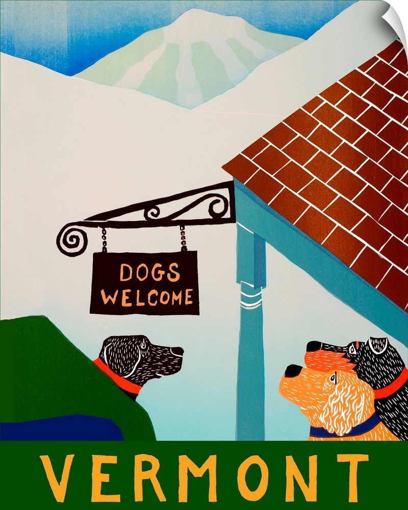 Illustration of dogs outside of a building in Vermont on a snowy day looking up at a sign that reads "Dogs Welcome"