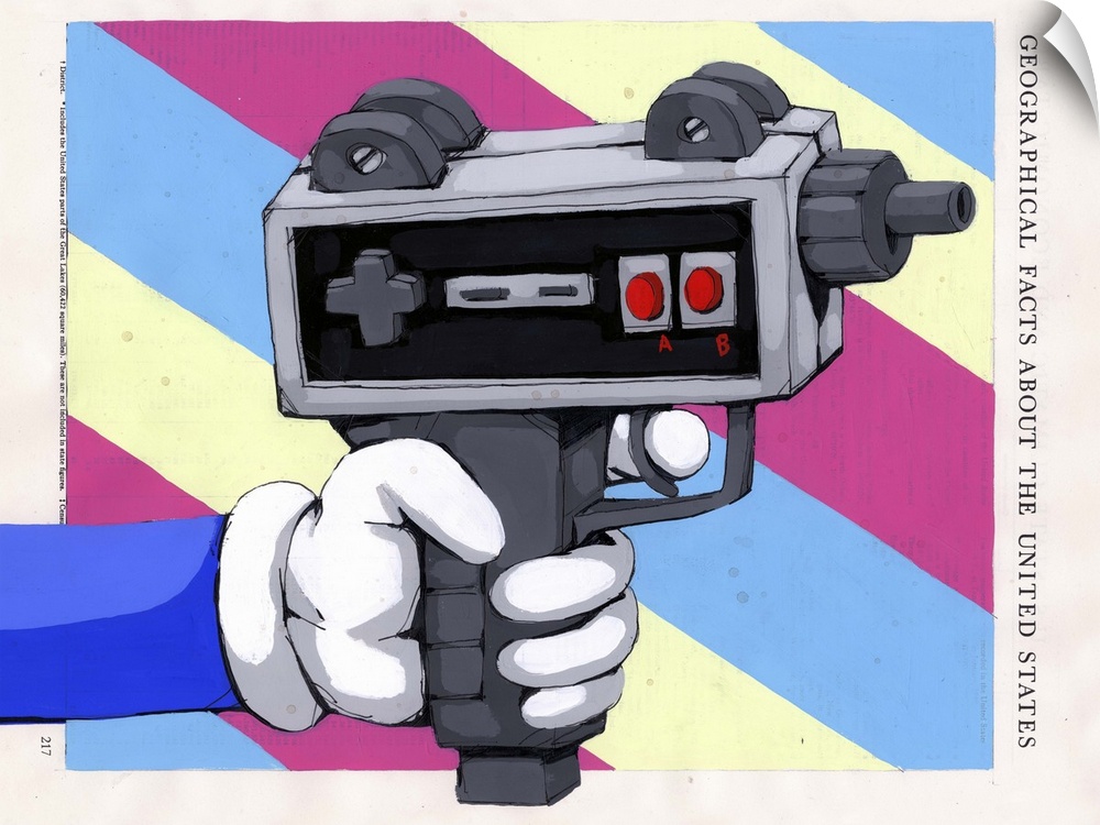 Pop art painting of a cartoon hand holding a gun which appears to be made of a video game controller.