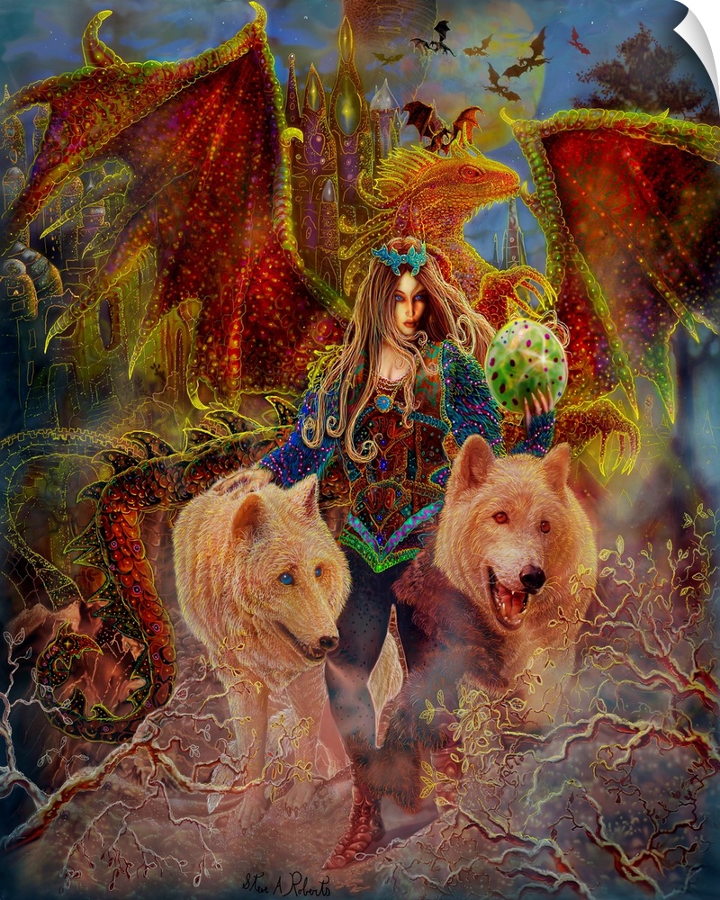 Princess holding a Dragons egg, with wolves on either side, dragons in the background.
