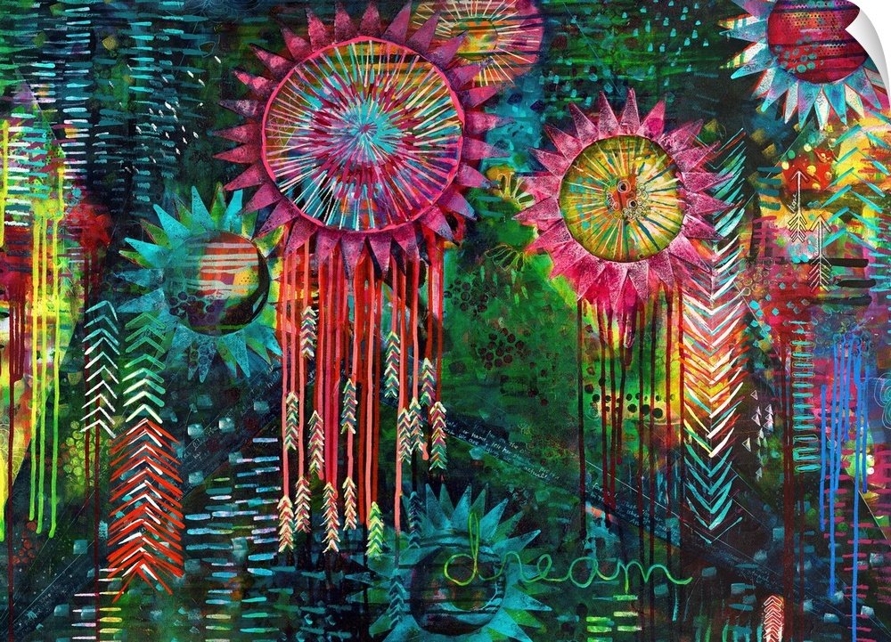 Colorful abstract painting with feathered dream catchers and designs on a blue and green background with the word 'Dream' ...