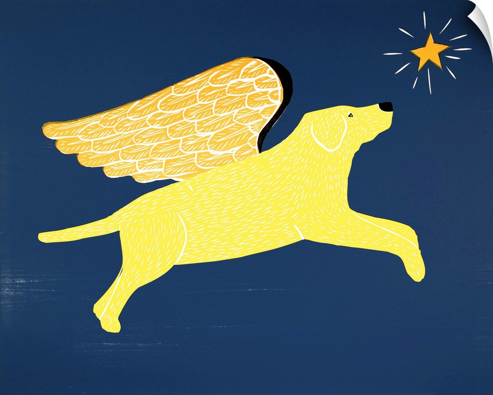 Illustration of a yellow lab with gold wings flying in the night sky towards a bright star.