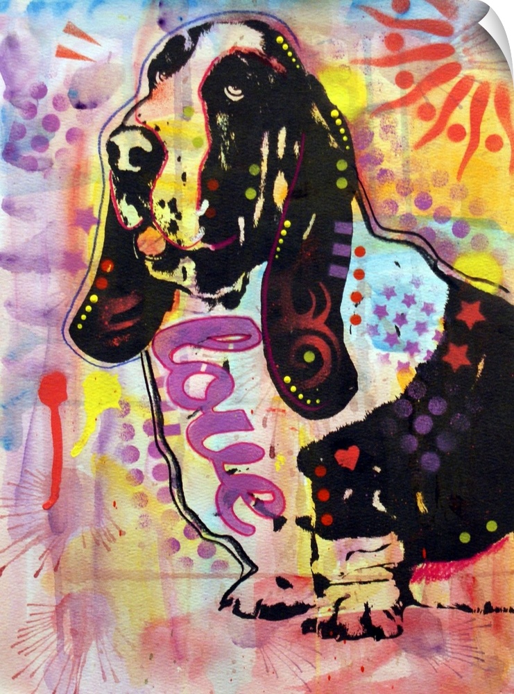 Contemporary stencil painting of a beagle filled with various colors and patterns.