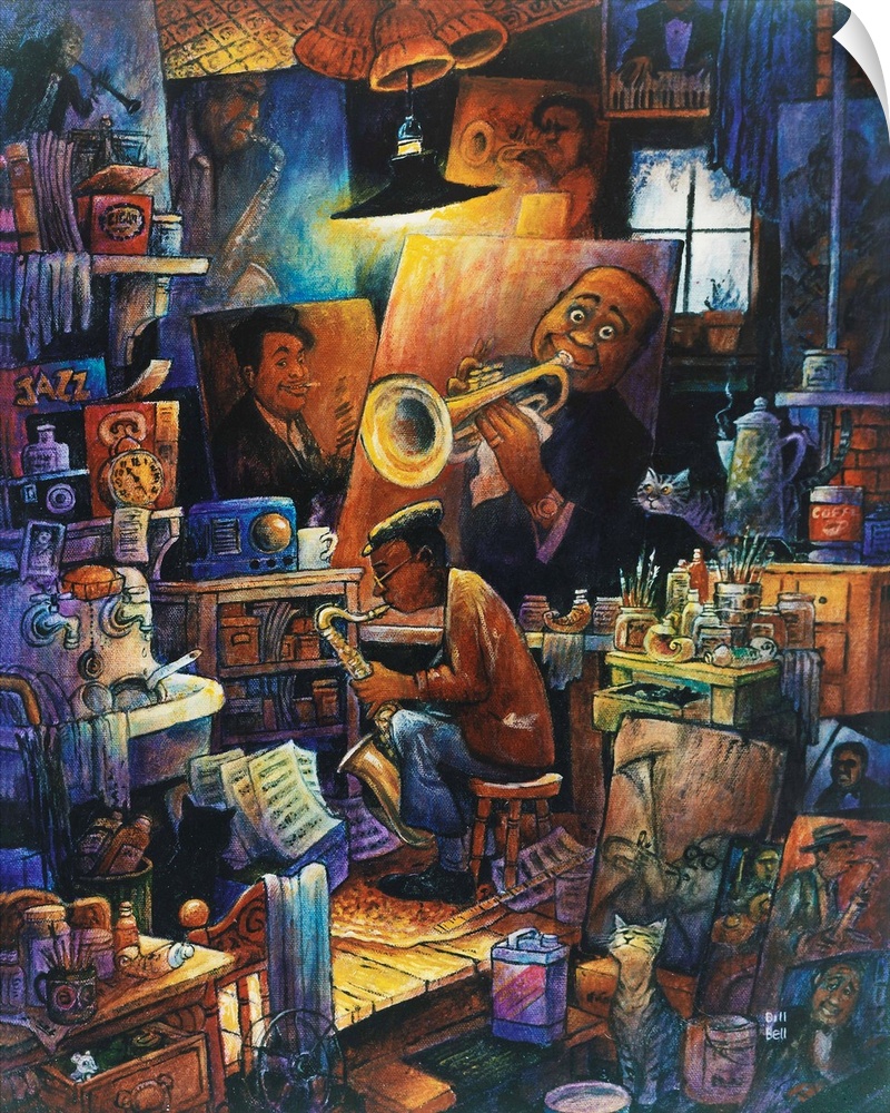 Man with sax plays in front of a painting of Louis Armstrong.