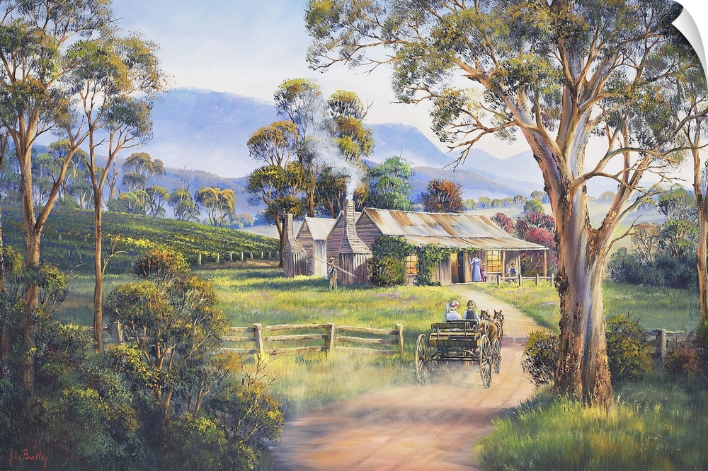 Contemporary painting of a couple arriving at a homestead on horse and buggy.