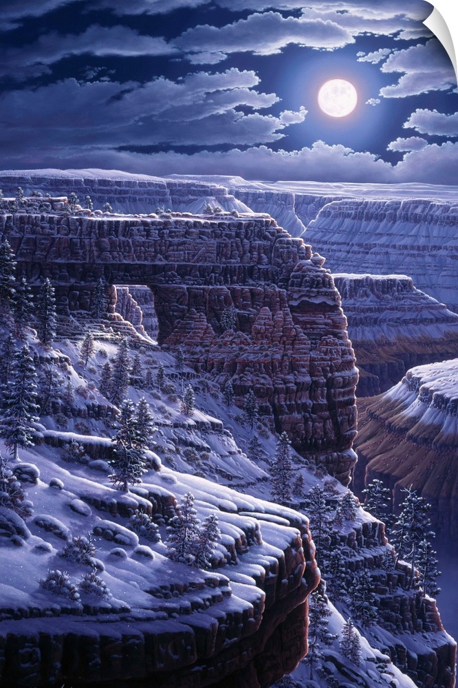 Contemporary landscape painting of the Grand Canyon under the full moon and a blanket of snow.