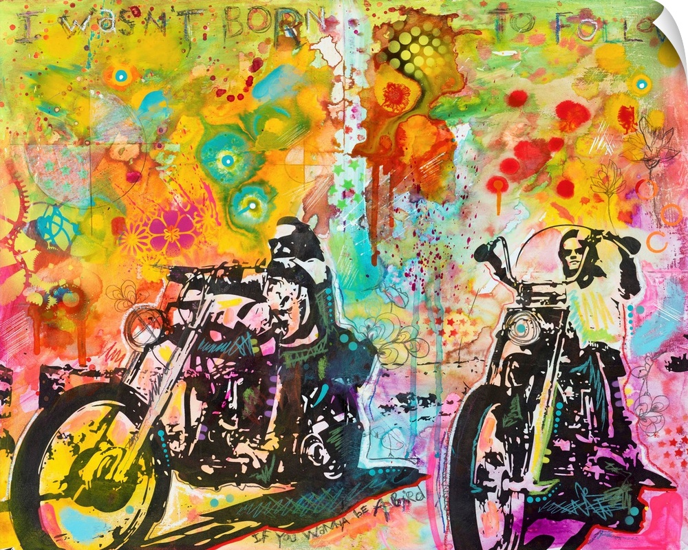 "I Wasn't Born To Follow" hand etched at the top of a colorful illustration of Dennis Hopper and Peter Fonda riding motorc...