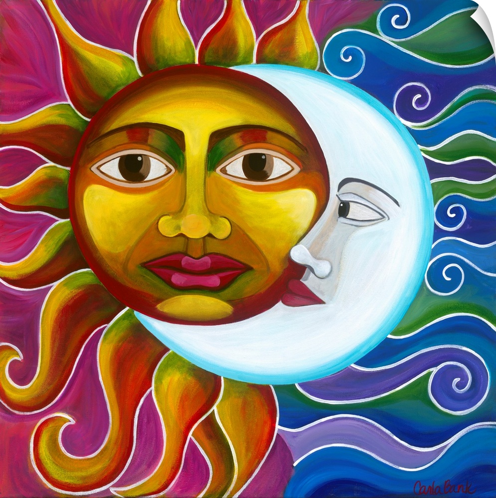 Contemporary painting of a sun and moon together making one figure.