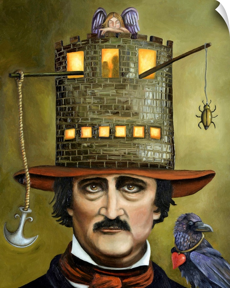 Surrealist painting of a portrait of a the famous poet Edger Allen Poe.
