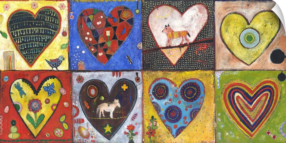 Lighthearted contemporary painting of eight hearts against colorful backgrounds.