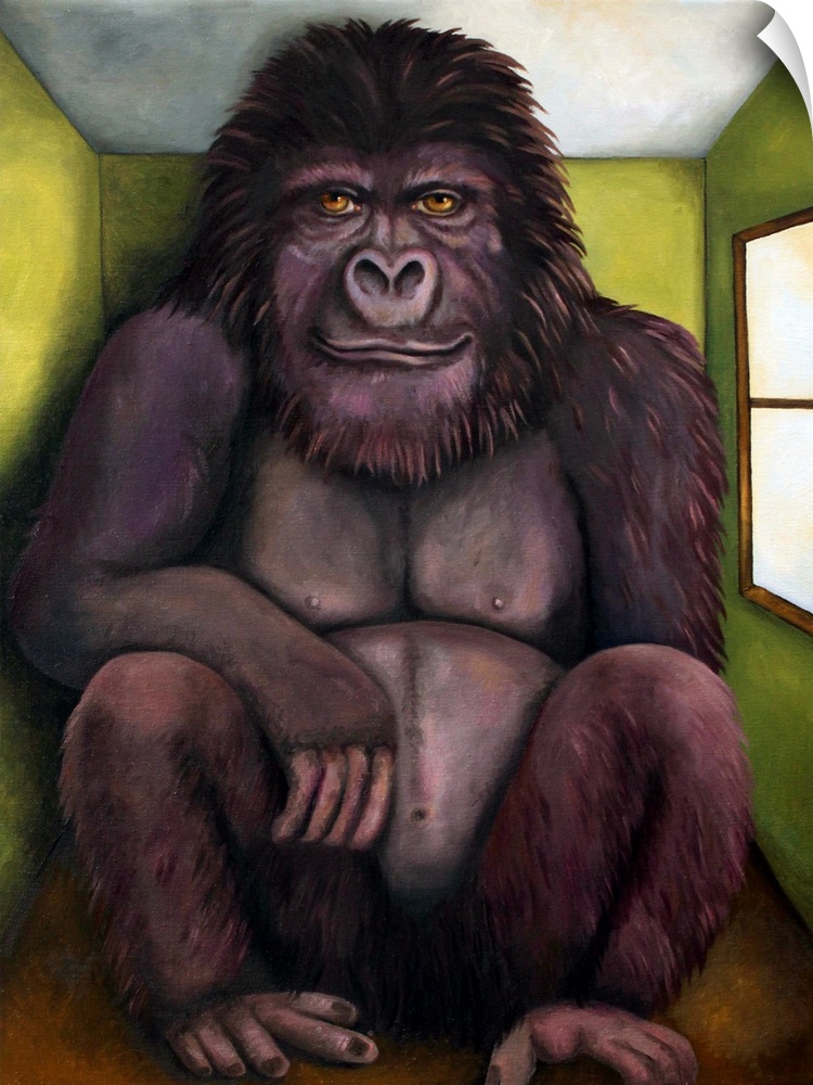 Surrealist painting of a large gorilla sitting in a small room.