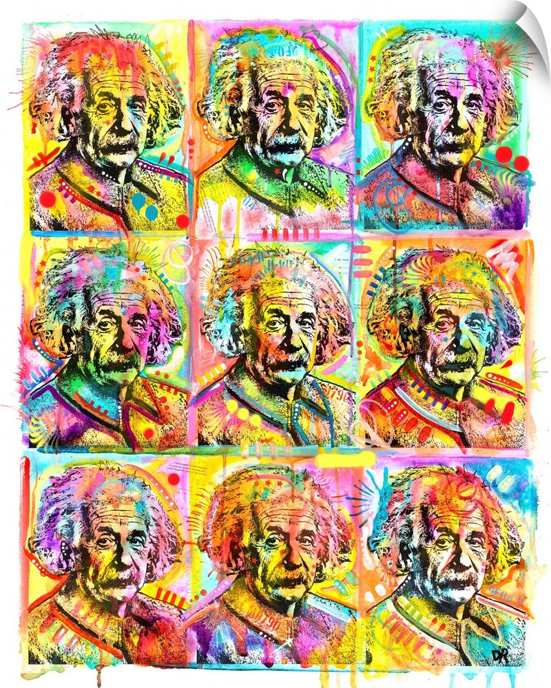 Pop art style painting with a grid of 9 colorful Albert Einsteins with abstract designs and paint drips.