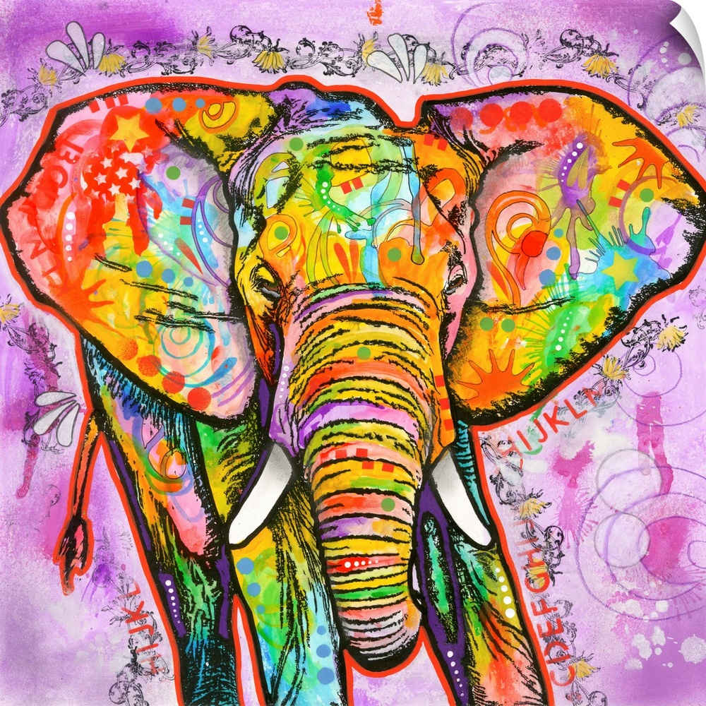 Square painting of a colorful elephant with abstract markings on a busy purple background.