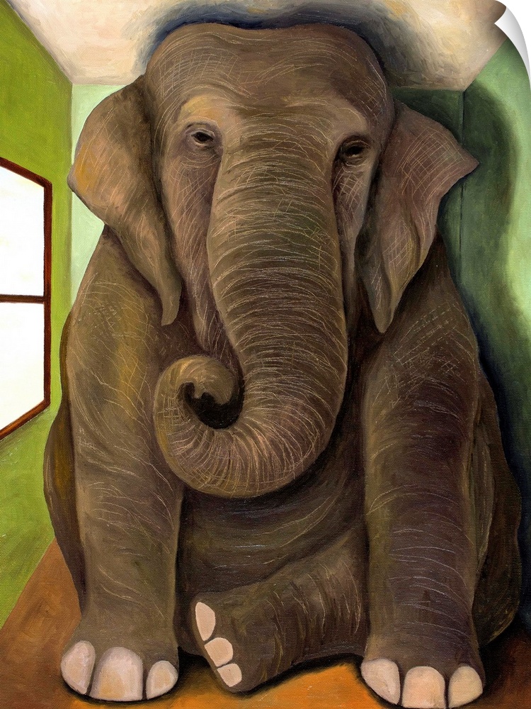 Surrealist painting of a large elephant sitting in tiny room.