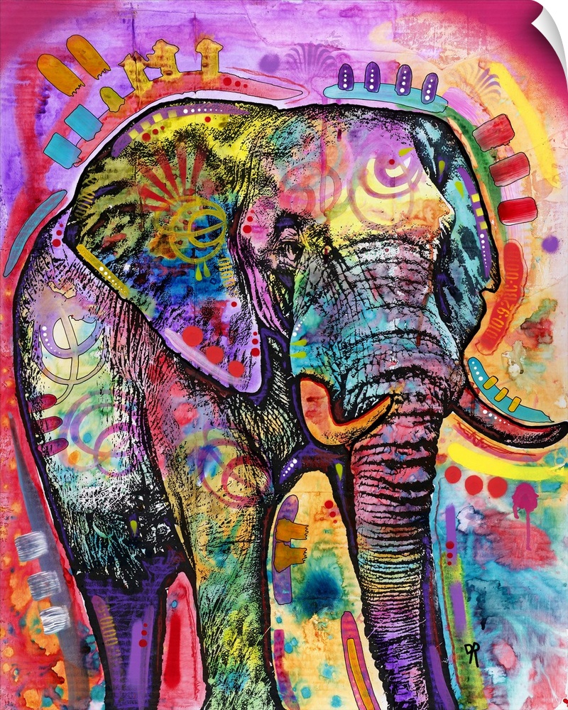 Colorful illustration of a large elephant with abstract markings all over.