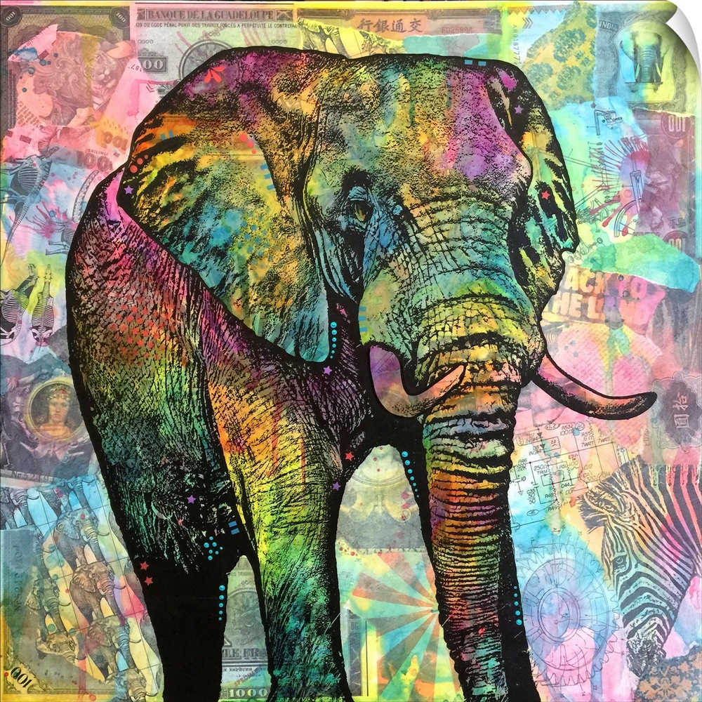 Square illustration of a colorful elephant on top of a collage of African image themed cut outs.