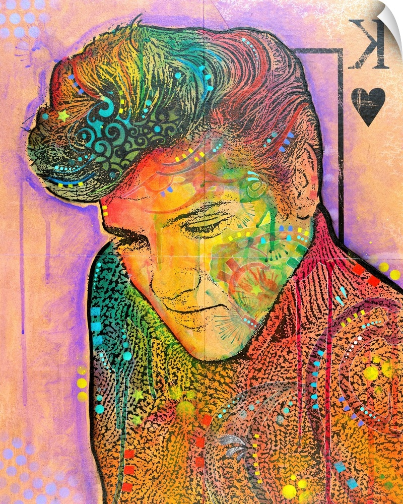 Pop art style illustration of Elvis on the King of Hearts playing card with various colors and designs.