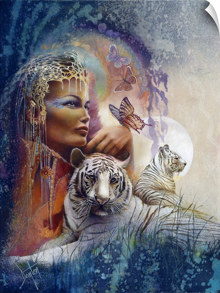 A contemporary painting of a woman wearing a golden headdress with dangling beads from the sides with white tigers loungin...