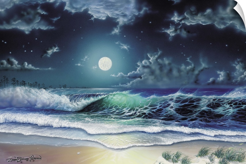 Moon over the waves on the beach.