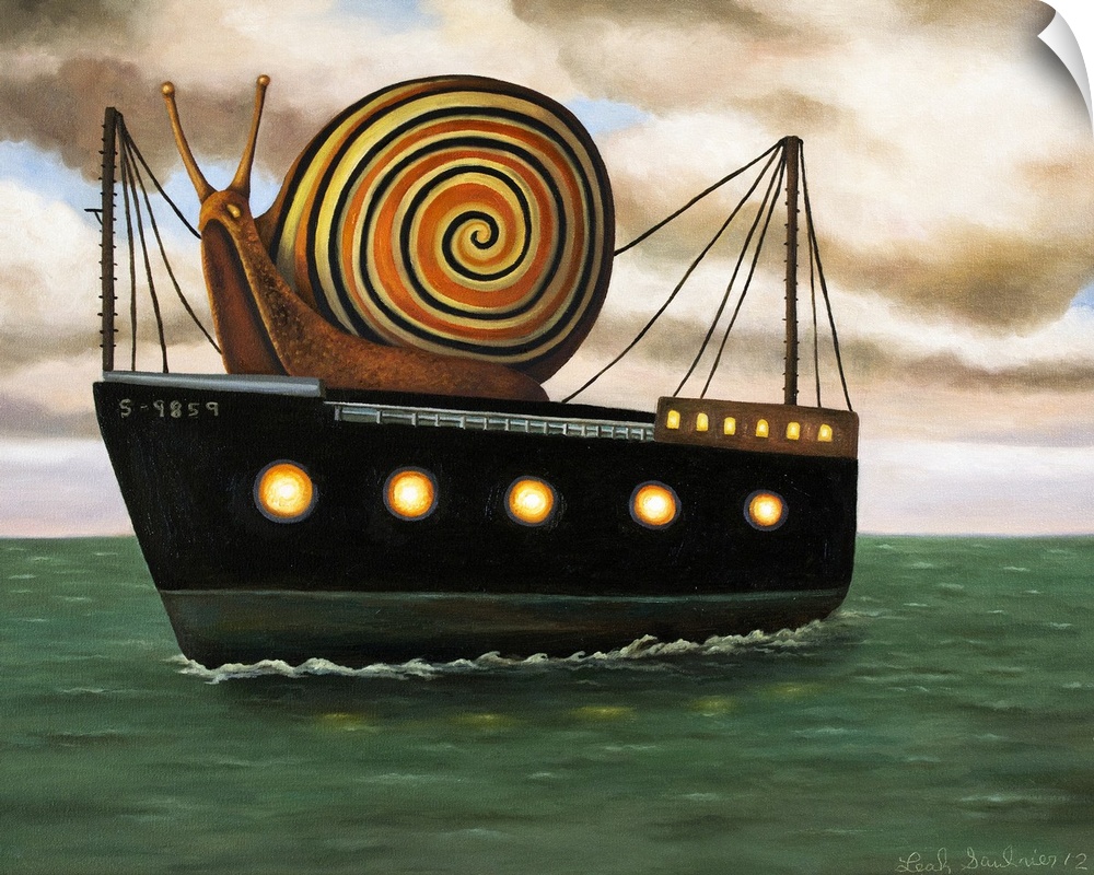 Surrealist painting of a giant snail riding a cargo ship.