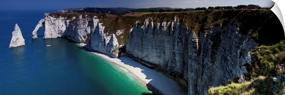 Panoramic photograph of the cliffs at Etretat, France.