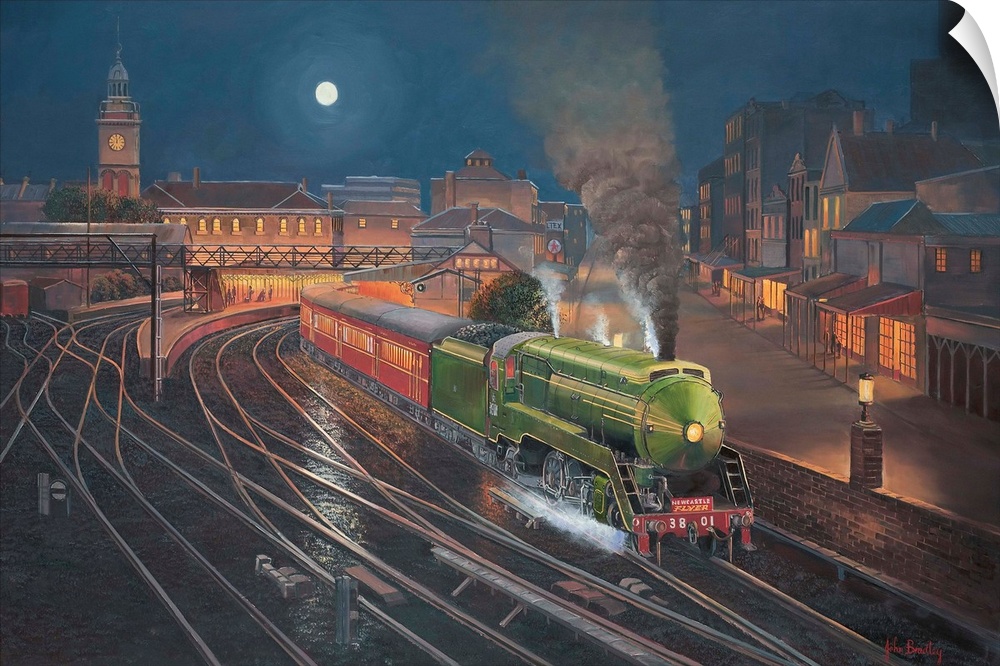 Contemporary painting of a train leaving the station at night.